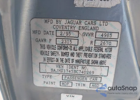 1995 Jaguar Xj6 z USA, uszkodzony, nr VIN SAJHX1745SC740269